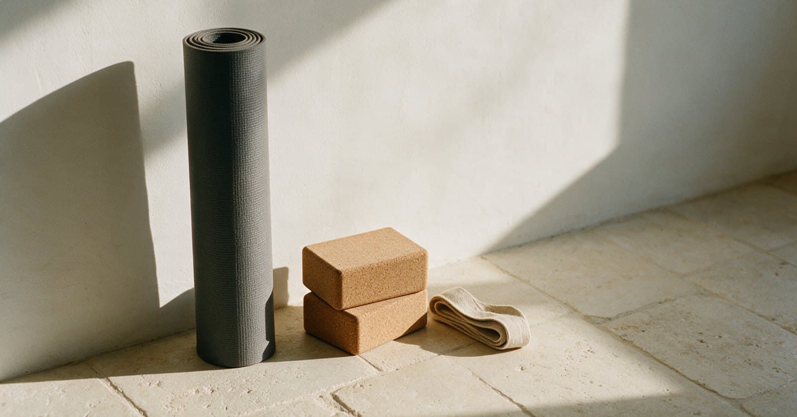 Still life in raking morning daylight: a rolled charcoal exercise mat standing on end against a warm-white plaster wall, with two stacked cork blocks and a folded linen strap on a pale limestone floor.