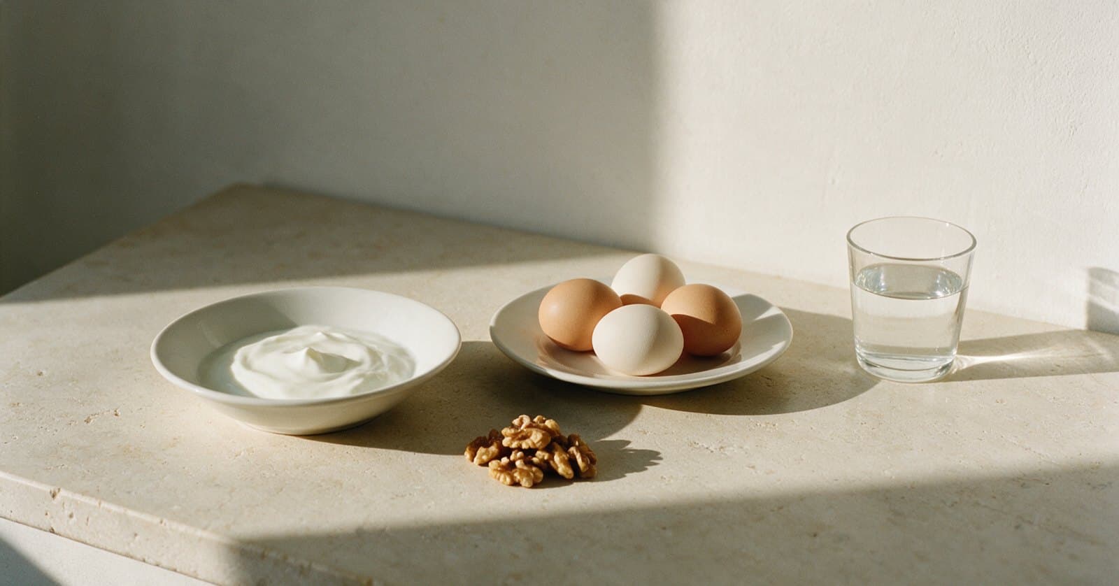 Still life in directional daylight: a shallow white bowl of plain yoghurt, four eggs in a white dish, a small pile of walnuts and a glass of water on a pale limestone worktop.