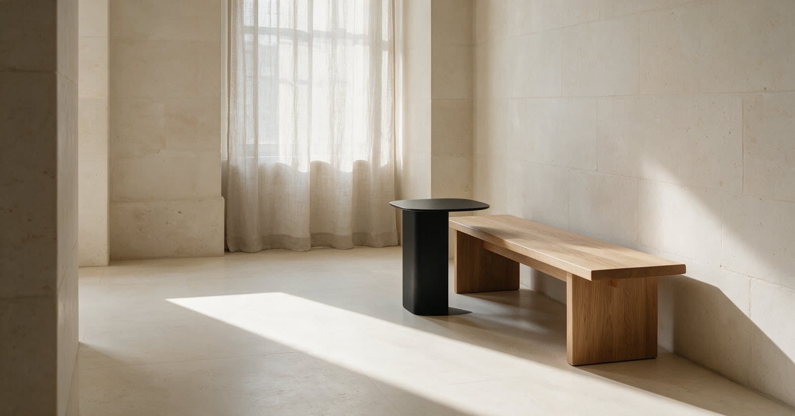 An empty room in strong daylight: a sheer linen curtain drawn across a tall window, an oak bench and a low dark table against a pale stone wall, with sunlight falling across the floor.