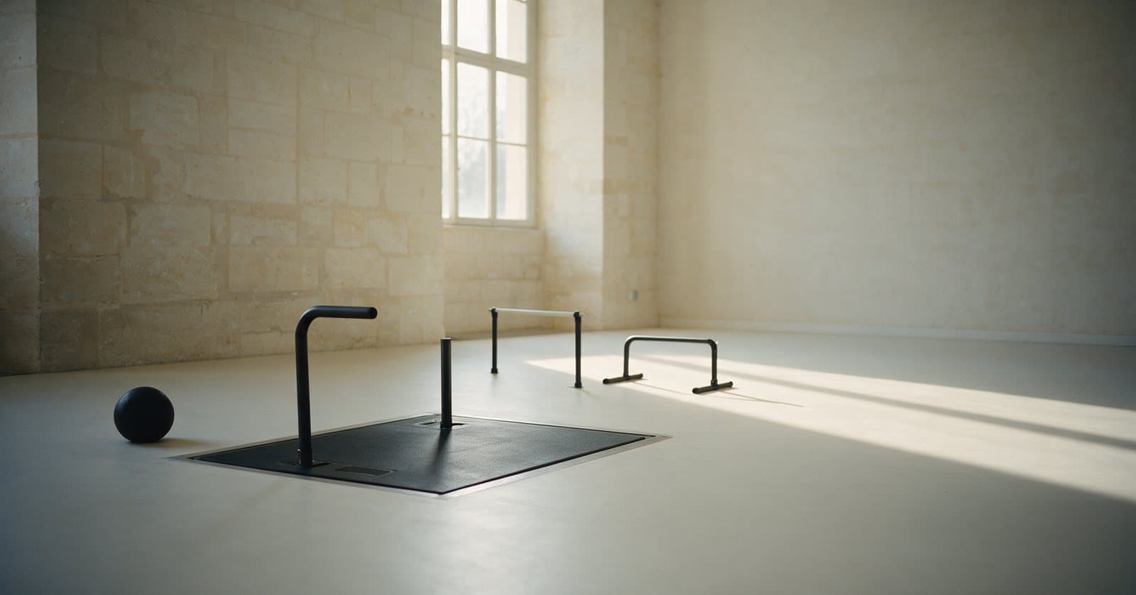 An empty training room in daylight: a medicine ball, low parallette bars and a floor-mounted anchor plate on a pale resin floor beside a tall window.